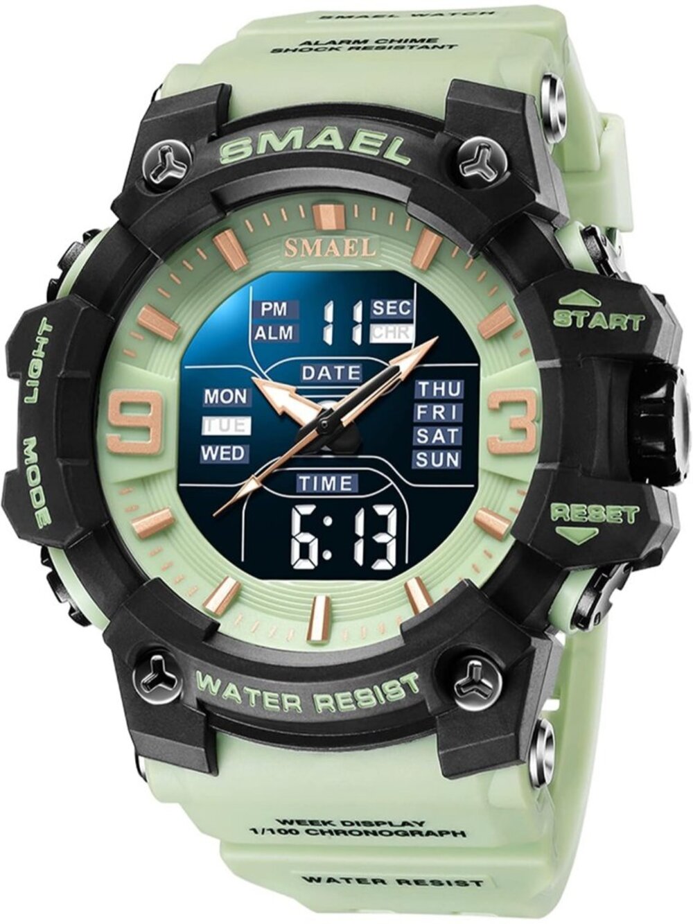 Men's Grass Green Analog Digital Sport LED Electronic Large Dual Wrist Watch